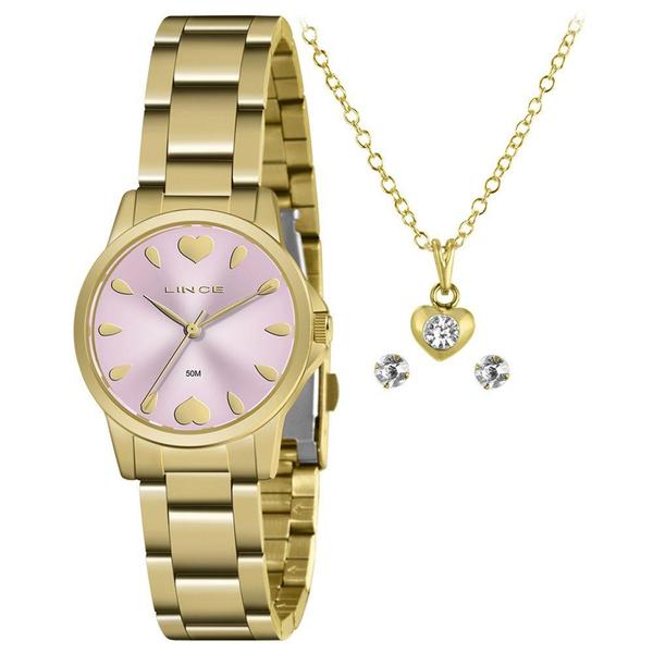 Imagem de Relógio Feminino Lince Dourado/Rosa + Brinco e Colar LRG4712L