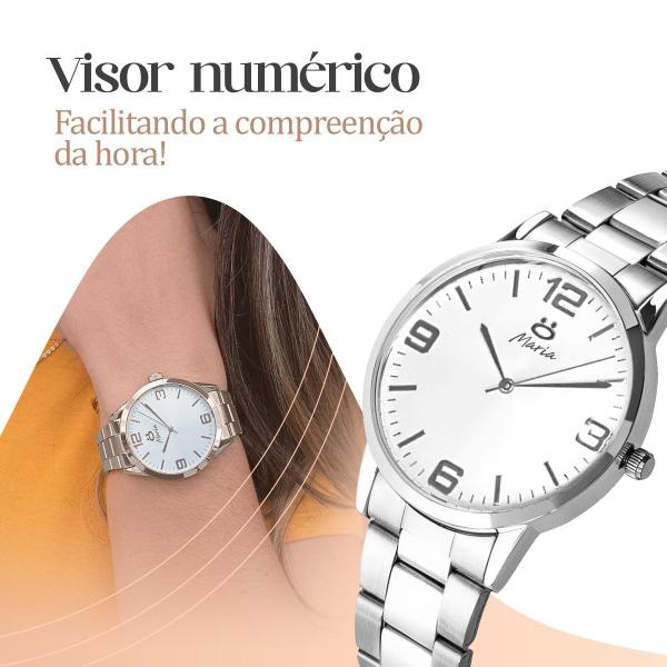 Imagem de Relogio feminino prata aço inox + brincos + caixa + colar casual strass social presente moda