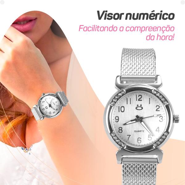 Imagem de Relogio feminino prata aço inox + colar mãe coração + caixa presente inoxidável pulseira ajustavel