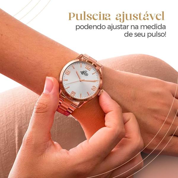 Imagem de Relógio Feminino Prata Aço Inox Pulseira + Colar + Caixa Premium