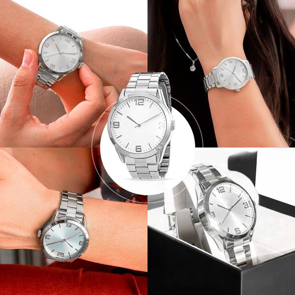 Imagem de relogio feminino prata aço inox + pulseira pandora + caixa qualidade premium presente prova dagua