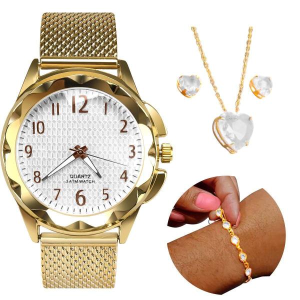 Imagem de Relogio Feminino Prova Dagua Dourado Colar Pulseira