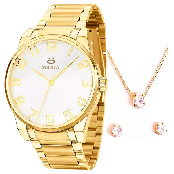 Imagem de Relógio Feminino Quartz Original Dourado  Aço Inox + kit Banhado Ouro 18k