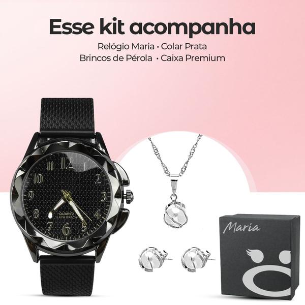 Imagem de Relógio Feminino Quartz Original Preto Aço Inox Prova D'água + Colar Prata e Brincos