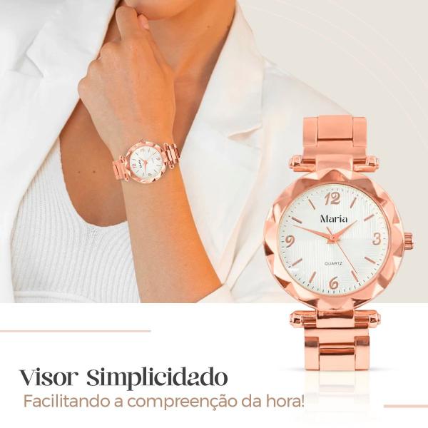 Imagem de relogio feminino rose aço + colar strass + brinco rosa inoxidável social delicado qualidade premium