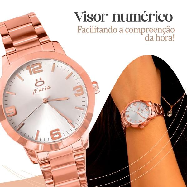 Imagem de Relogio feminino rose + brincos + colar strass + caixa casual qualidade premium social ajustavel