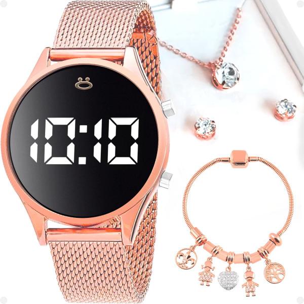 relogio feminino rosê digital aço + colar + brincos + caixa original qualidade premium ajustavel led - Orizom Imagem de relogio feminino rosê digital aço + colar + brincos + caixa original qualidade premium ajustavel led