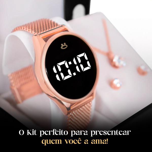 relogio feminino rosê digital aço + colar + brincos + caixa original qualidade premium ajustavel led - Orizom Imagem de relogio feminino rosê digital aço + colar + brincos + caixa original qualidade premium ajustavel led