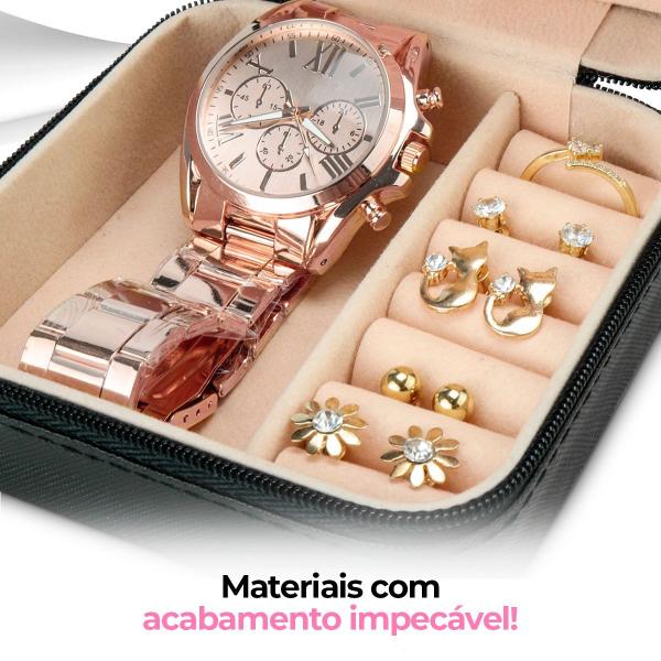 Imagem de Relogio feminino rose + porta joia + colar + pulseira original prova dagua qualidade premium casual