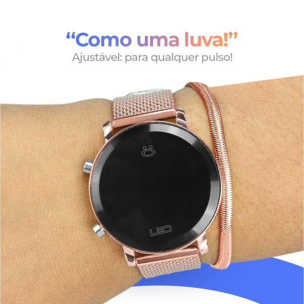 Imagem de relogio feminino silicone aço inox digital led rose + caixa pulseira ajustavel qualidade premium