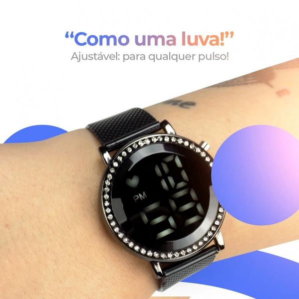 Imagem de Relógio feminino silicone preto strass digital led presente