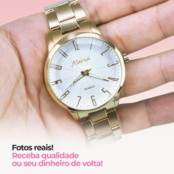 Imagem de relogio feminino social banhado inox dourado + caixa analogico ouro original presente