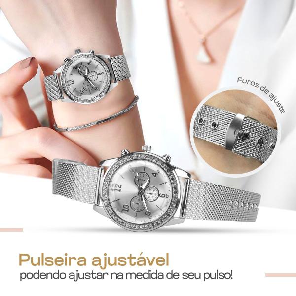 Imagem de relogio feminino strass aço prata + brincos + caixa aço inoxidável presente qualidade premium social