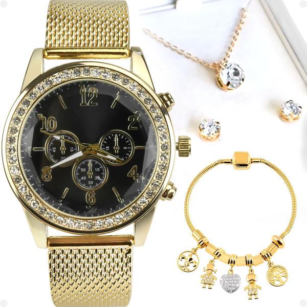 relogio feminino strass dourado + colar + pandora + pulseira moda presente aço inoxidável redondo - Orizom Imagem de relogio feminino strass dourado + colar + pandora + pulseira moda presente aço inoxidável redondo