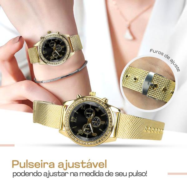 relogio feminino strass dourado + colar + pandora + pulseira moda presente aço inoxidável redondo - Orizom Imagem de relogio feminino strass dourado + colar + pandora + pulseira moda presente aço inoxidável redondo