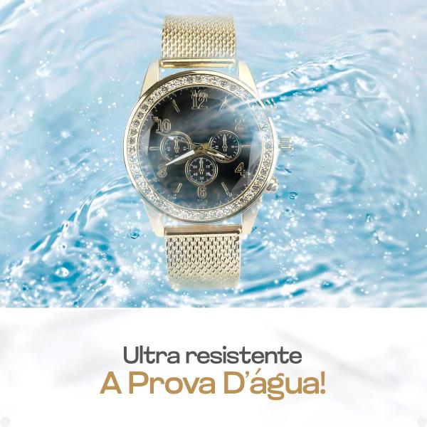 relogio feminino strass dourado + colar + pandora + pulseira moda presente aço inoxidável redondo - Orizom Imagem de relogio feminino strass dourado + colar + pandora + pulseira moda presente aço inoxidável redondo