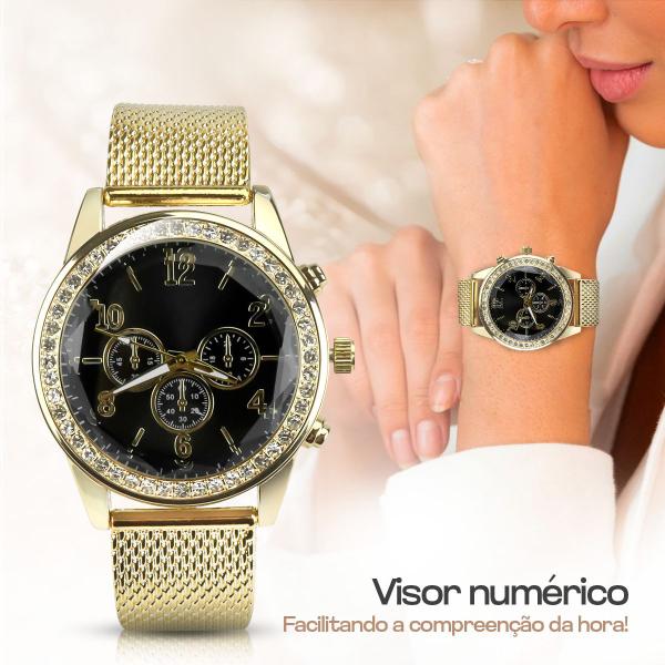 relogio feminino strass dourado + colar + pandora + pulseira moda presente aço inoxidável redondo - Orizom Imagem de relogio feminino strass dourado + colar + pandora + pulseira moda presente aço inoxidável redondo