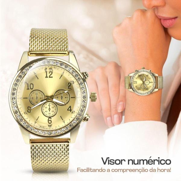 Imagem de Relógio Feminino Strass Dourado + Colar + Pulseira + Brincos