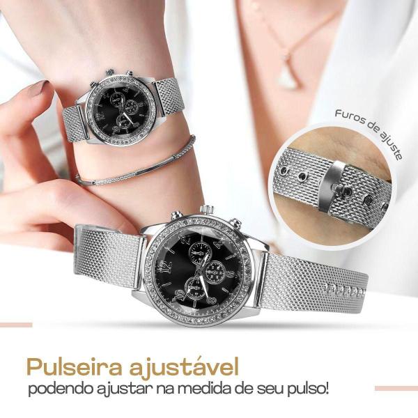 Imagem de Relógio Feminino Strass Prata Pulseira Brincos Colar Prova