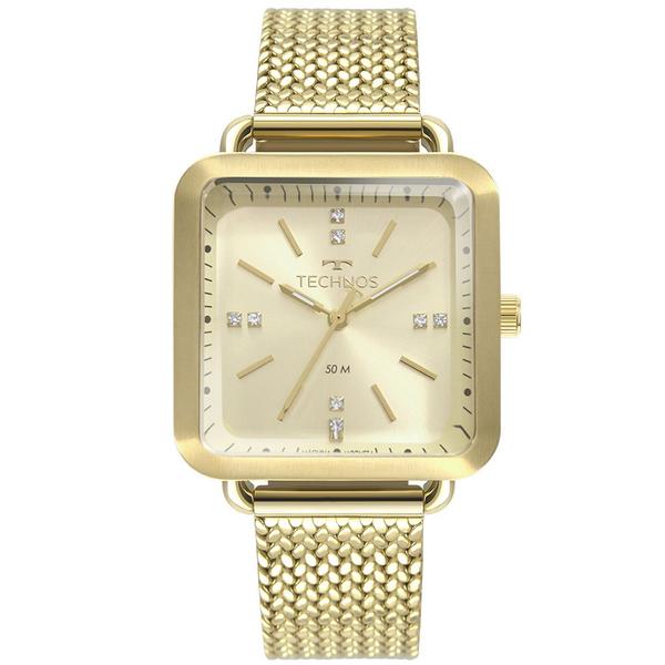 Imagem de Relógio Feminino Technos Fashion Style Analógico Quadrado Pulseira Mesh Aço Inóx Resistente Água Casual Dourado 2036MME/4X