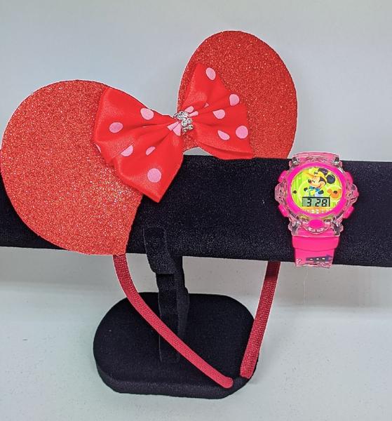 Imagem de Relógio Infantil Digital Led Pisca Luz Led Colorido Toca Musica Disney Minnie Mouse + Tiara Arquinho com Laço Orelhas