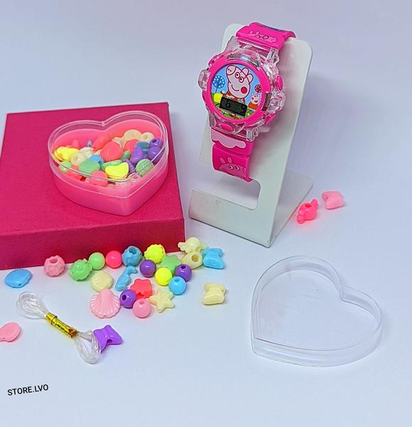 Imagem de Relógio Infantil Digital Pisca Luz Led Princesas Frozen Sofia + Kit Miçangas para Montar Pulseiras Colar Anel Presente