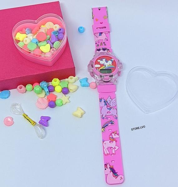 Imagem de Relógio Infantil Menina Digital Pisca Luz Led Disney Peppa Frozen + Kit Miçangas para Montar Criar Pulseiras Colar Anel