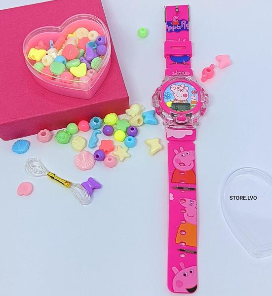Imagem de Relógio Infantil Menina Digital Pisca Luz Led Princesas Disney + Kit Miçangas para Montar Criar Pulseiras Colares Anel