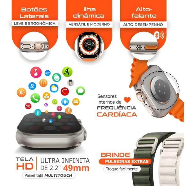 Imagem de Relógio inteligente 2024 Watch Ultra + 7 Pulseiras Bluetooth para android e iOs modo esporte 49mm 2.2''