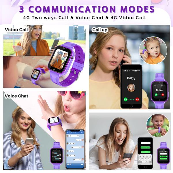 Imagem de Relógio inteligente cjc 4G Kids 1,6" com rastreador GPS, câmera SOS, roxo