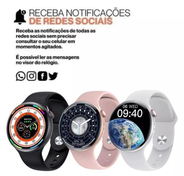 Imagem de Relógio Inteligente Smartwatch Redondo Serie 9 Preto WR99 Feminino Masculino Digital Rosa