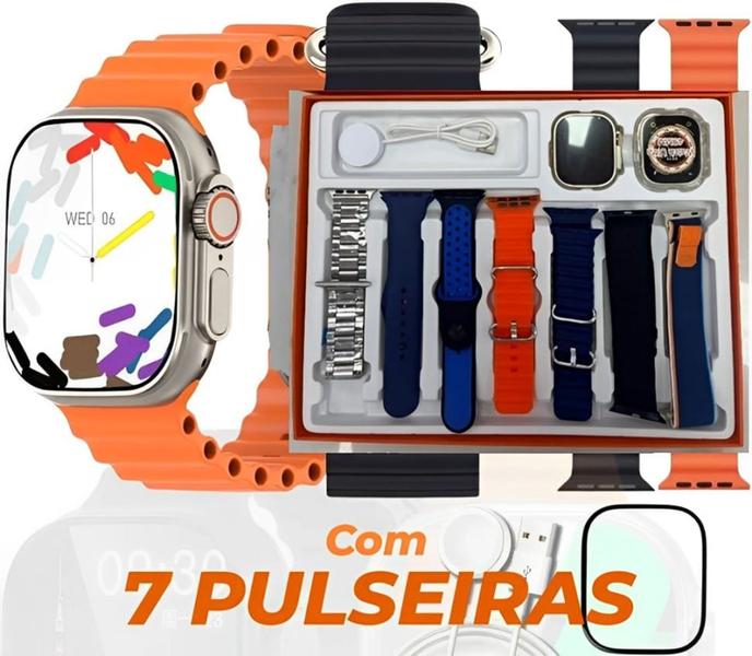 Imagem de Relógio Inteligente Smartwatch S Ultra, 7 Pulseiras, Kit Blue, Carregador indução, GPS, Completo