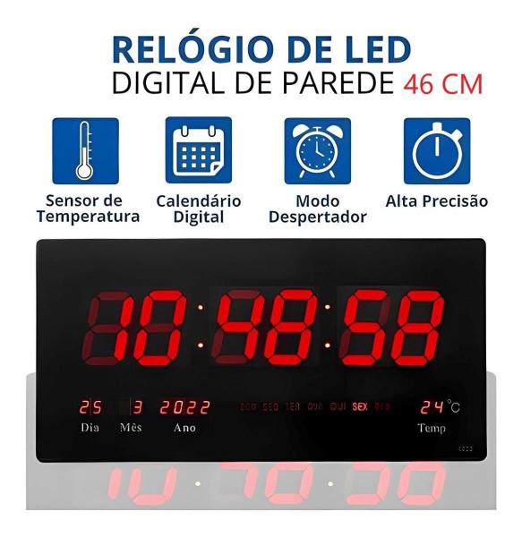 Imagem de Relógio Led Digital Grande Parede Calendário Termômetro 46Cm