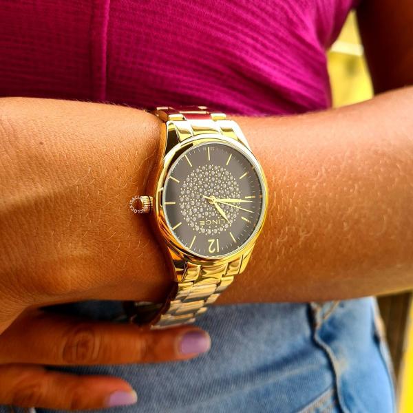 Imagem de Relogio Lince Dourado Feminino Strass Preto Colar Lrg155l36 P2kx