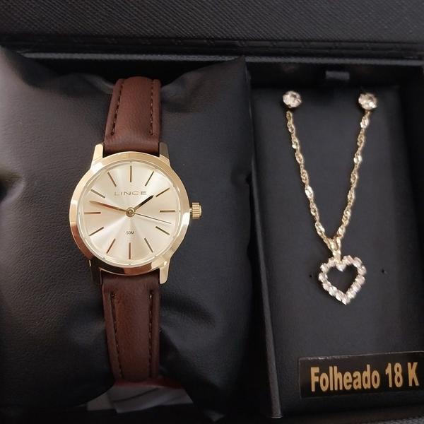 Imagem de Relogio Lince Feminino dourado pequeno pulseira de couro kit semijoia colar e brinco LRCH170L25 K00F