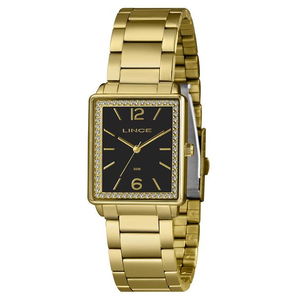 Imagem de Relogio Lince Feminino quadrado retangular dourado preto de aço LQG4737L28 P2KX