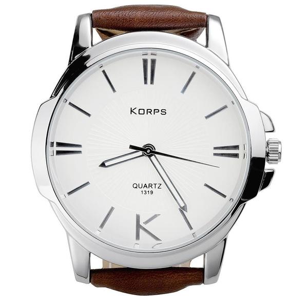 Imagem de Relógio Luxo Korps 1319 Prata Fundo Branco Pulseira Couro