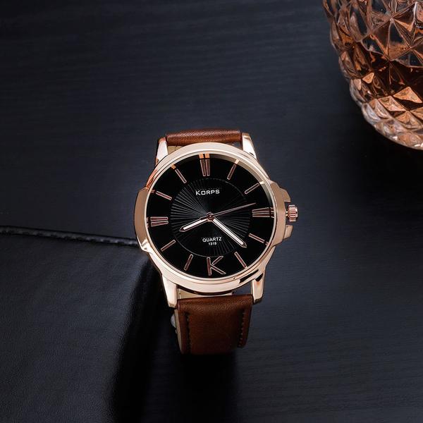 Relógio Luxo Masculino Korps 1319 Bronze Fundo Preto Pulseira
