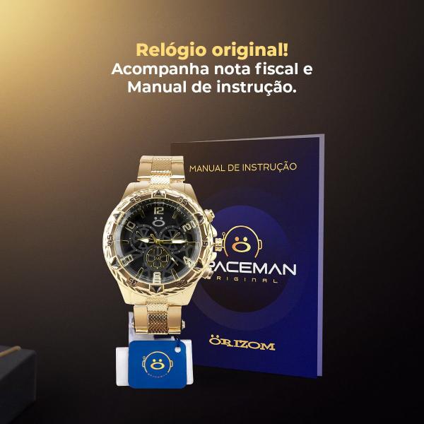 Imagem de relógio masculino aço banhado + cordão crucifixo + pulseira inoxidável dourado social casual preto