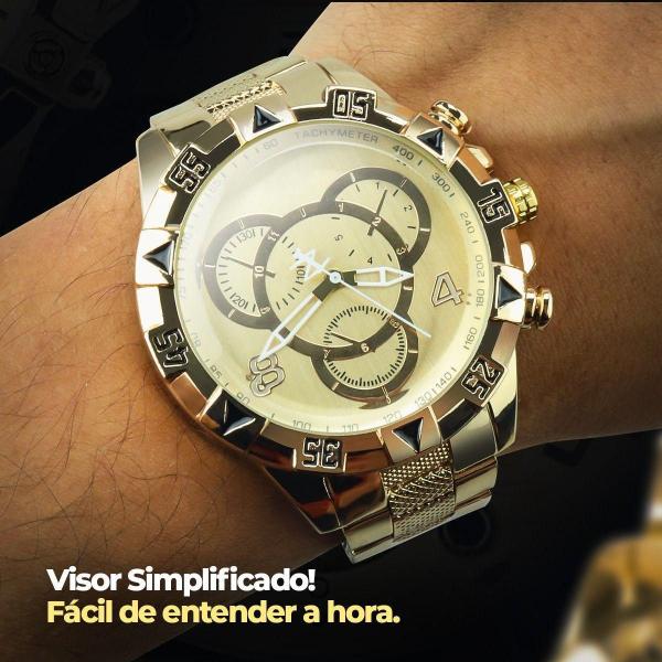 Imagem de Relogio Masculino Aço Banhado Ouro + Pulseira + Crucifixo