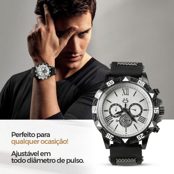 Imagem de Relogio Masculino Aco + Cordao Crucifixo + Caixa + Pulseira prateado grumet branco social