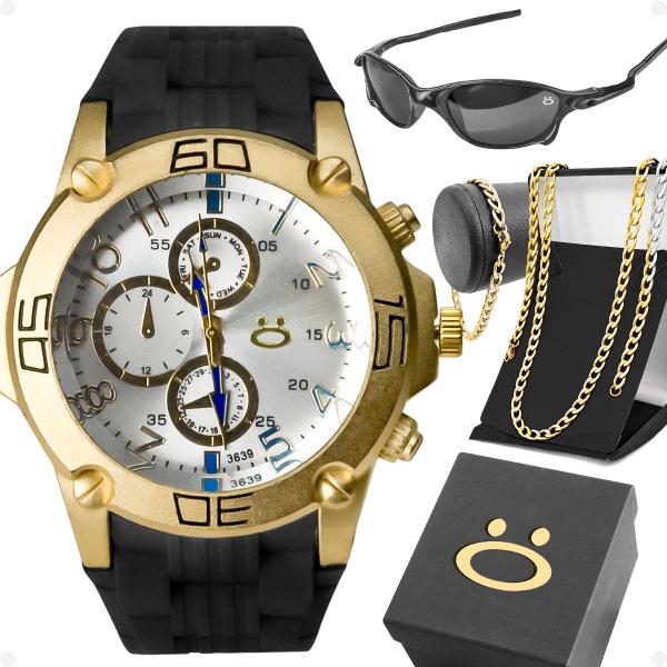 Imagem de Relogio masculino aço + cordao pulseira + oculos sol + caixa qualidade premium banhado dourado preto