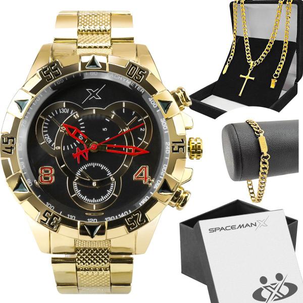 Imagem de Relogio masculino aço dourado caixa pulseira analogico ponteiro mostrador preto grande religioso