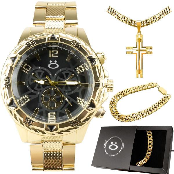 Imagem de Relogio Masculino Aço Dourado + Caixa + Pulseira + Cordão