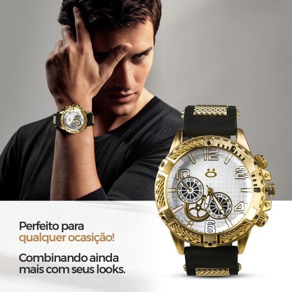 Imagem de Relogio masculino aço dourado + colar crucifixo + caixa ajustavel inoxidável social pesado presente