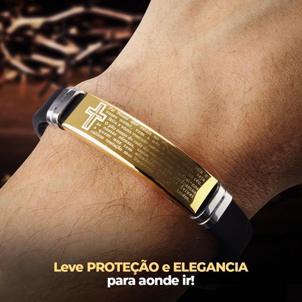 Imagem de Relogio Masculino Aço Dourado + Cordao Crucifixo + Pulseira religioso qualidade premium azul robusto