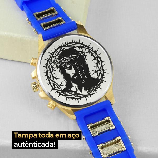 Imagem de Relógio Masculino Aço Dourado + Pulseira + Cordão Inoxidável Silicone Azul Robusto Social