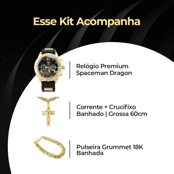 Imagem de Relógio masculino aço inox banhado + pulseira + cordão cruz dourado analogico banhado original preto