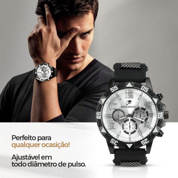 Imagem de relogio masculino aço inox + cordão crucifixo + pulseira  preto spaceman cruz fina aço inoxidável