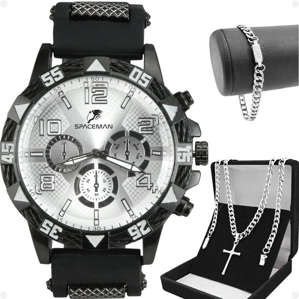 Imagem de relogio masculino aço inox + cordão crucifixo + pulseira  preto spaceman cruz fina presente original